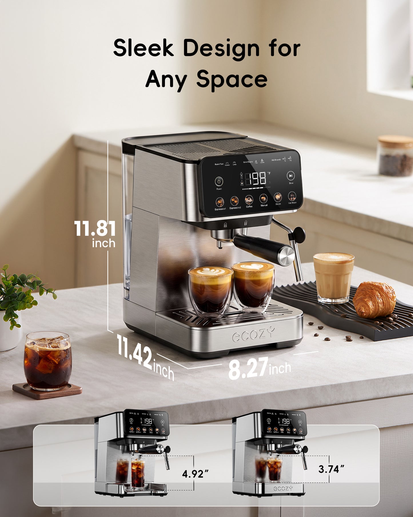 Ecozy Chillio 2-in-1 Espresso Machine with Milk Frother, Guided Touchscreen CM-PM112C