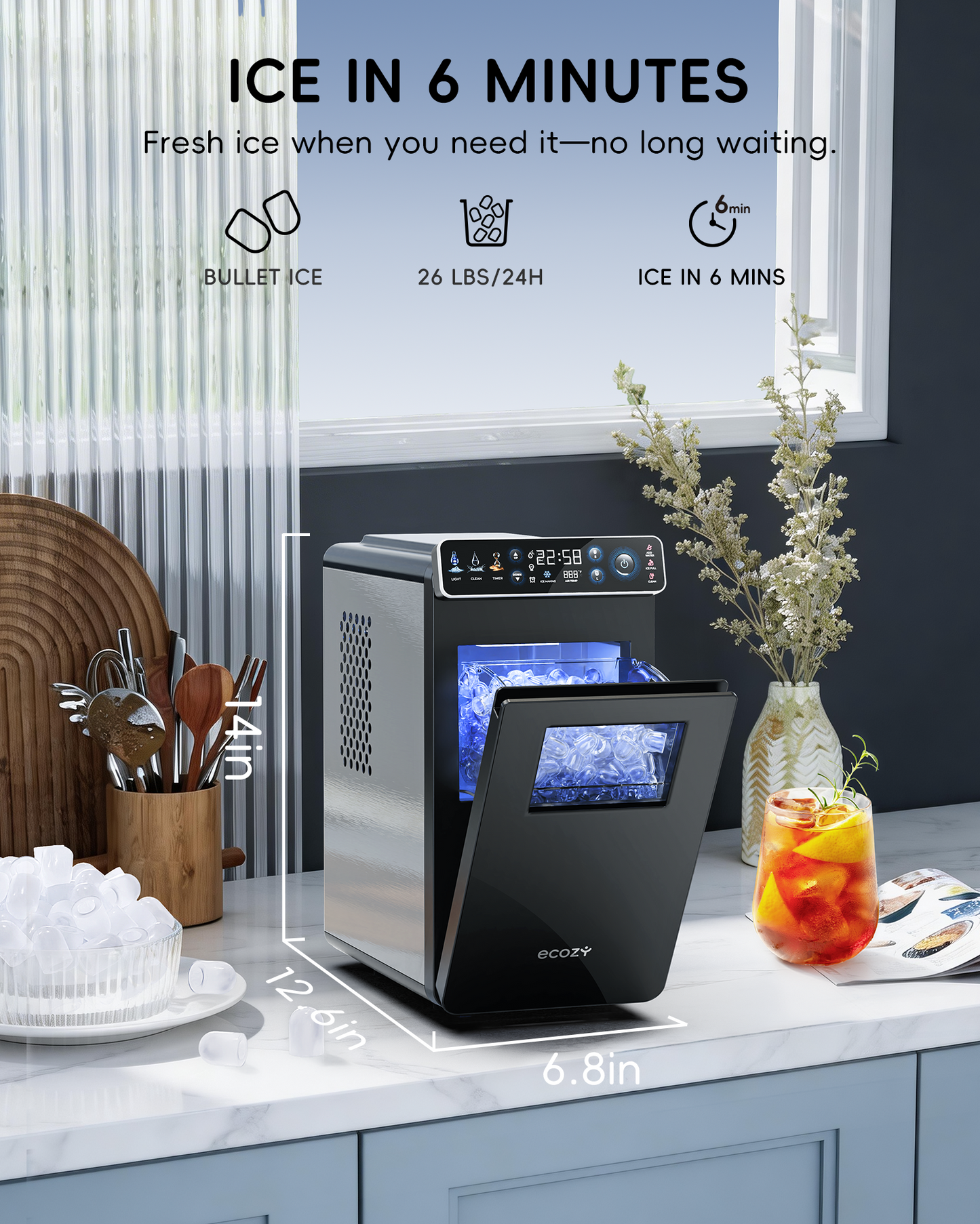 Ecozy Chillio Bullet Ice Makers Countertop, Ultra Slim Design with Full-Color Panel IM-BS262A