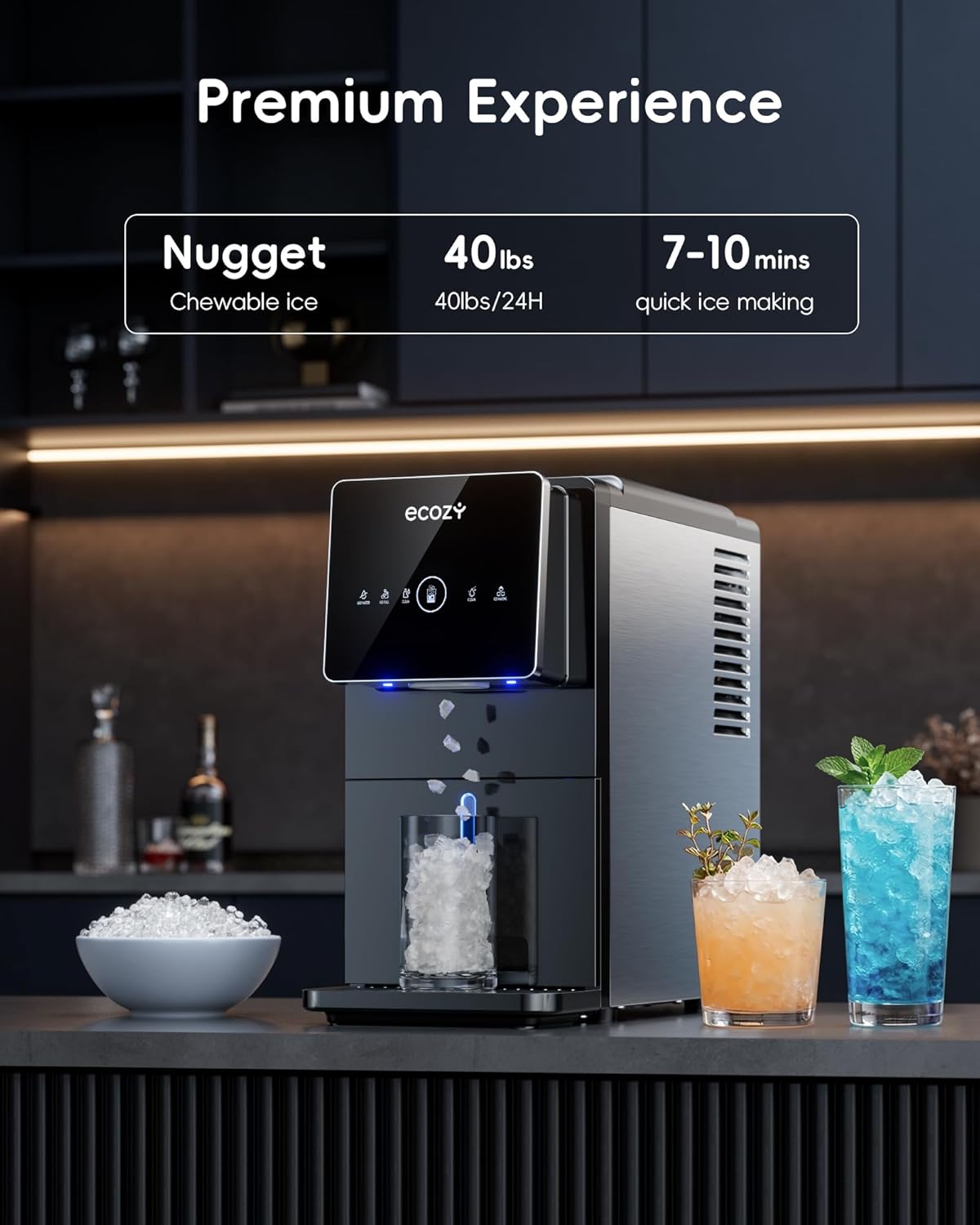 Ecozy Chillio Nugget Ice Makers Dispenser 40 lbs Per Day Pebble Sonic Ice Machine Countertop IM-ND332C