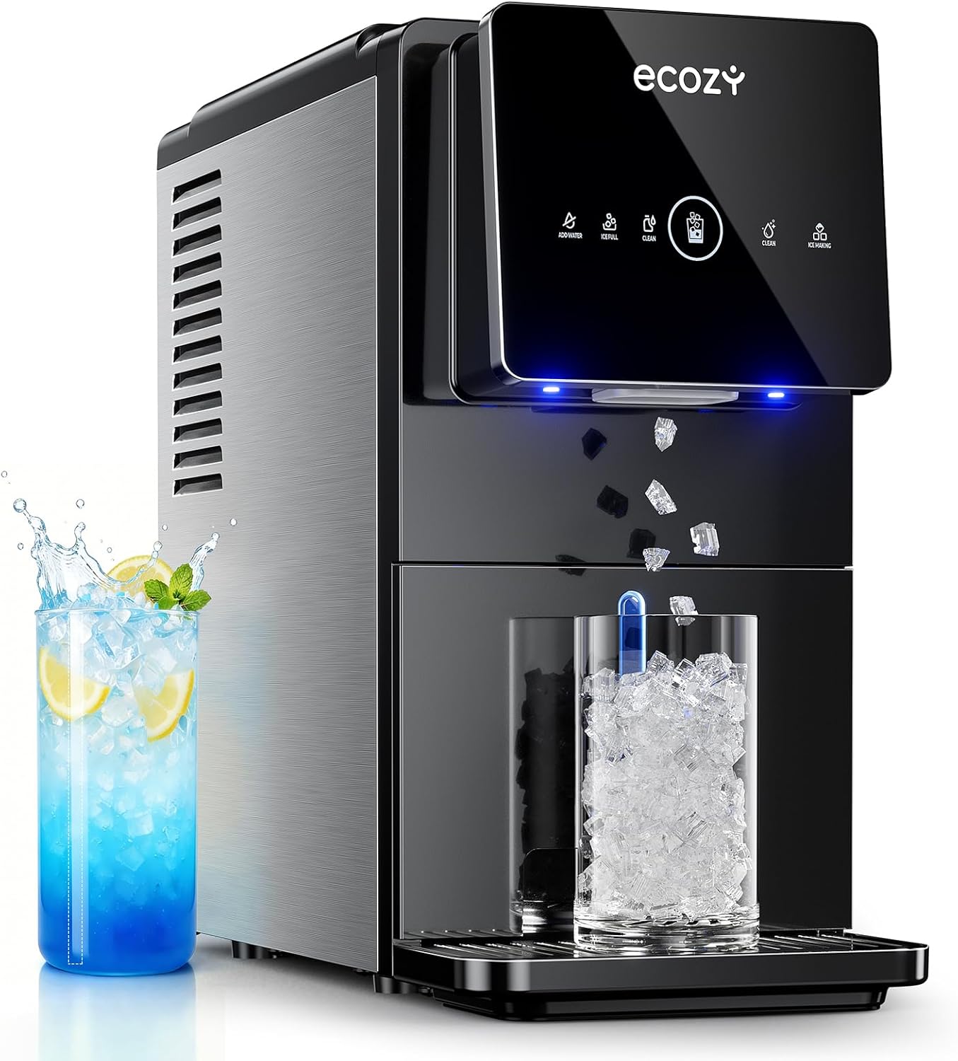 Ecozy Chillio Nugget Ice Makers Dispenser 40 lbs Per Day Pebble Sonic Ice Machine Countertop IM-ND332C