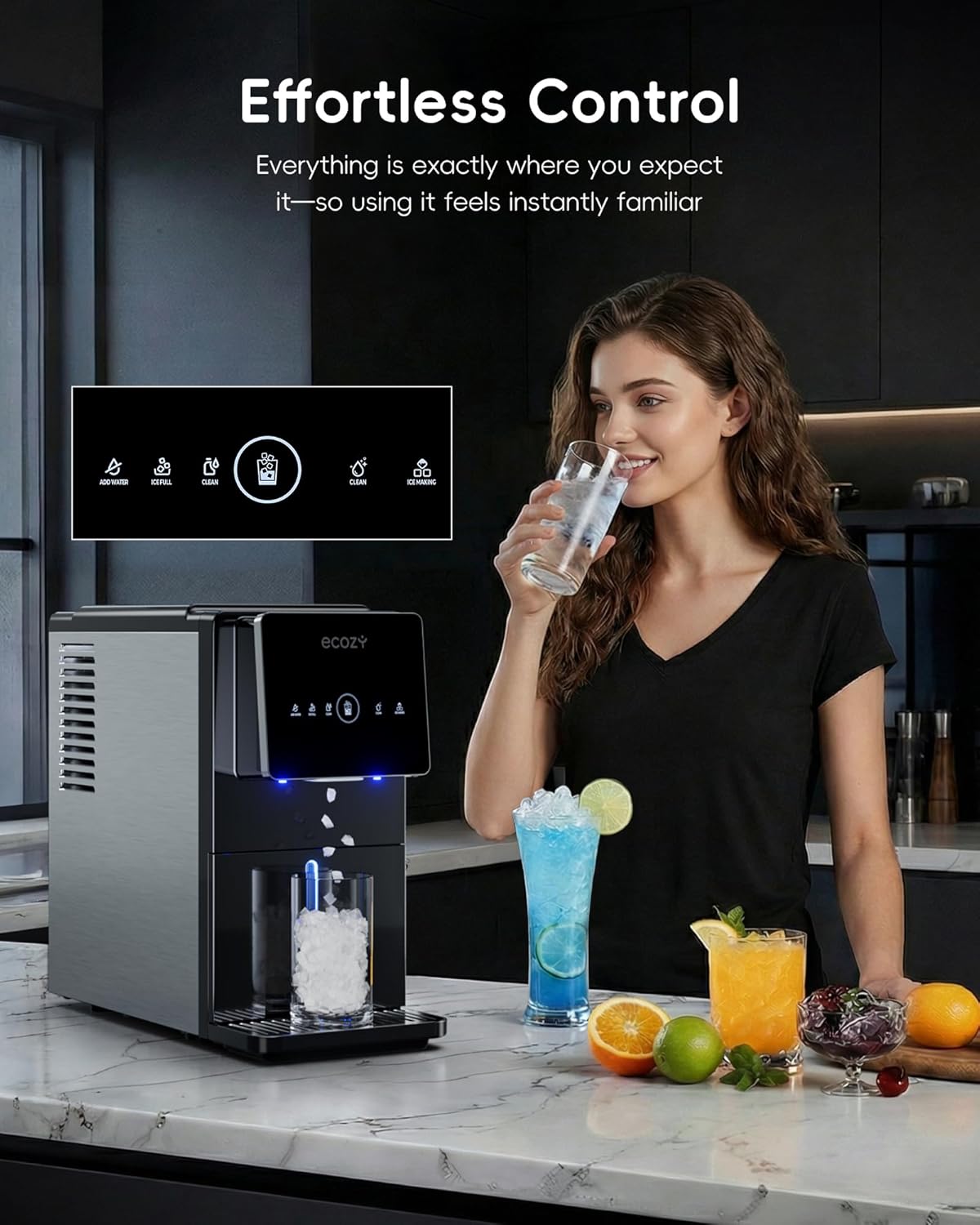 Ecozy Chillio Nugget Ice Makers Dispenser 40 lbs Per Day Pebble Sonic Ice Machine Countertop IM-ND332C